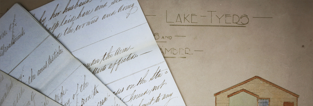 Colour image of documents and Lake Tyers plan. 